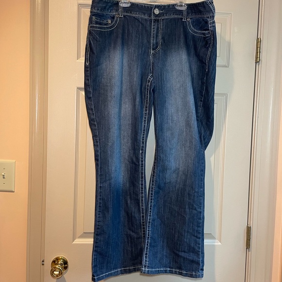 Maurices Denim - Maurices Darker Wash Blue Women's Jeans with Distressing on Legs, Size 20 Short